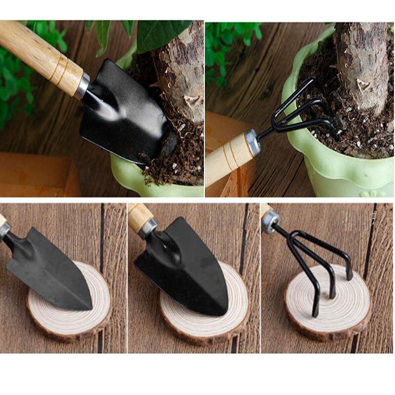3pcs Mini Wooden Handle Shovel Rake Spade Metal Head Shovel Bonsai Tools Balcony Home Potted Plants Garden Tool