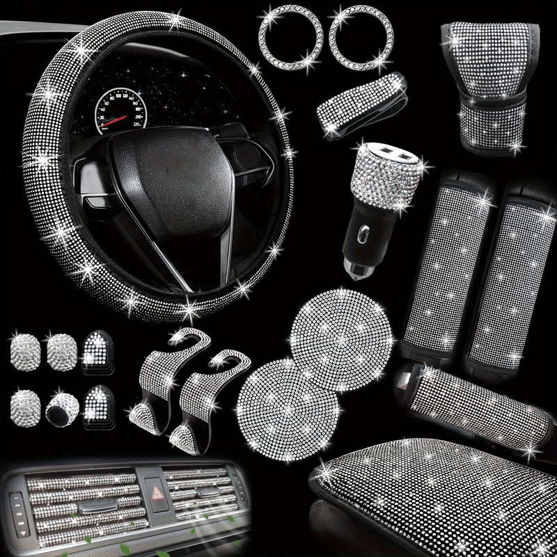 Juego de accesorios para coche, 30 piezas, cubierta Universal ostentosa para volante para mujer, salida de aire brillante, posavasos, herramientas, gancho L, freno de mano, Etc.: Azul