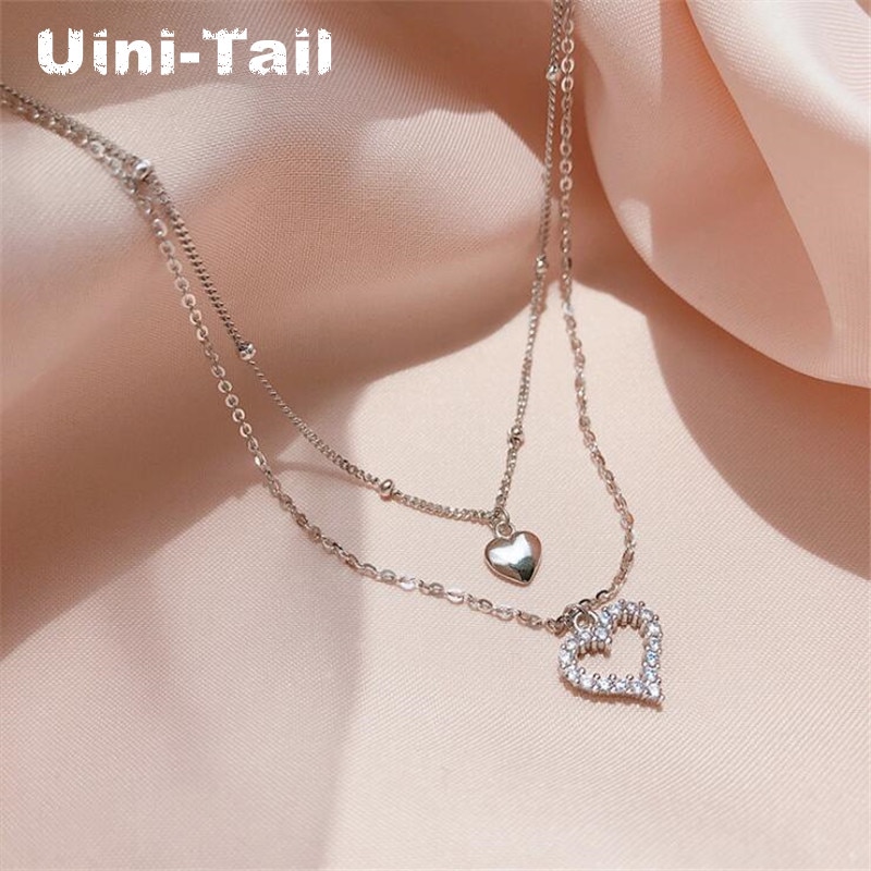 Uini-collier en argent sterling 925, double cœur, micro-incrusté, collier, simple, doux, tendance, tendance, tendance