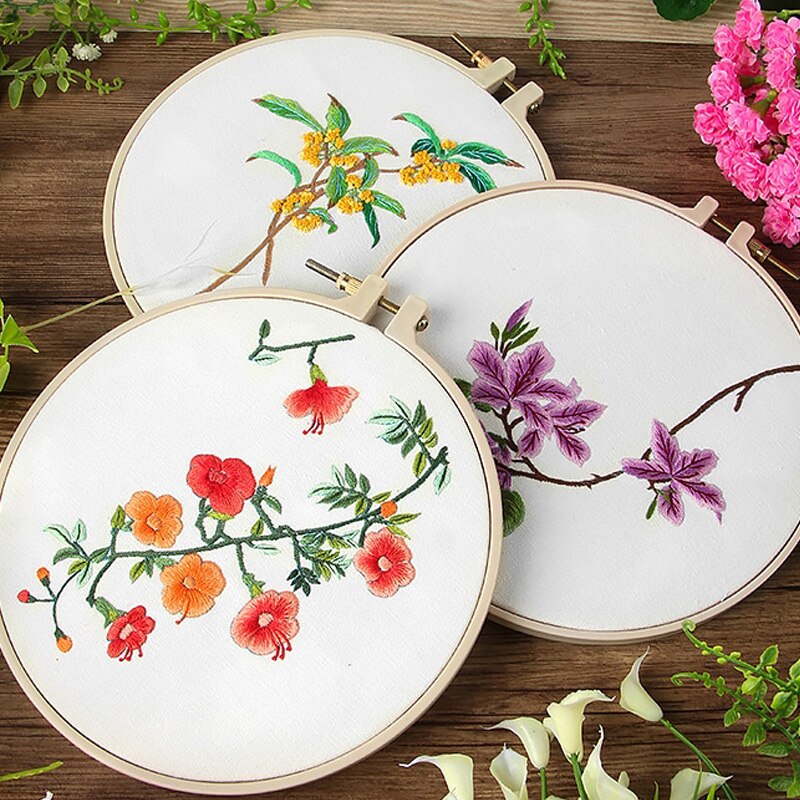 Chinese Flower Embroidery Circle Sewing Kit with Embroidery Hoop Cross Stitch Sets Craft For Art Craft Sewing Home Decor