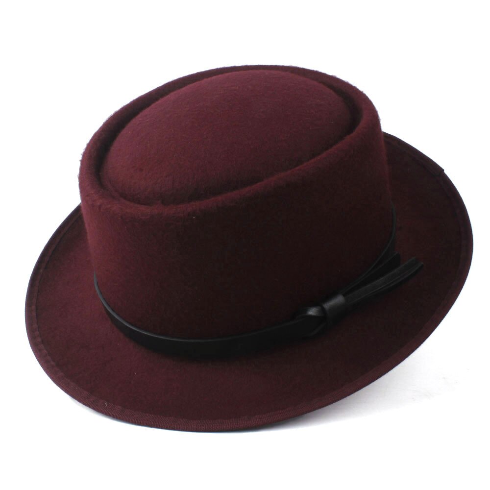 Mode vrouwen Fedora Hoed met Pork Pie Hoed voor Dame Kerk Wolvilt Hoed Kerk Trilby Tovenaar Platte Hoed maat 58cm: Wine Red