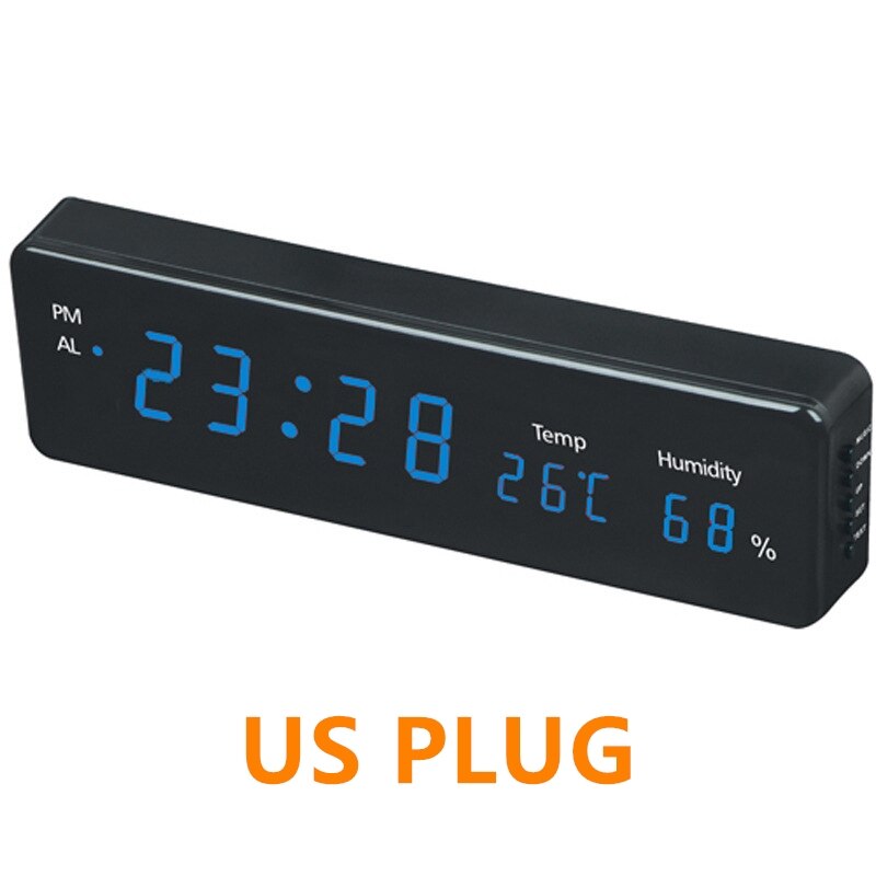 Big Number Large LCD Digital Wall Clock Multi-function Electronic Bedside Table Clock Desk Alarm Clock With Temperature Humidity: Blue US PLUG