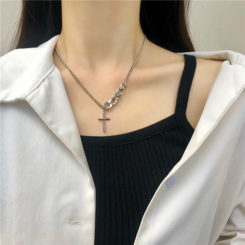 Trendy Persoonlijkheid Hip Hop Multilayer Ketting Metalen Kruis Hanger Zilver Kleur Collier Voor Vrouwen Mannen Unisex Sieraden