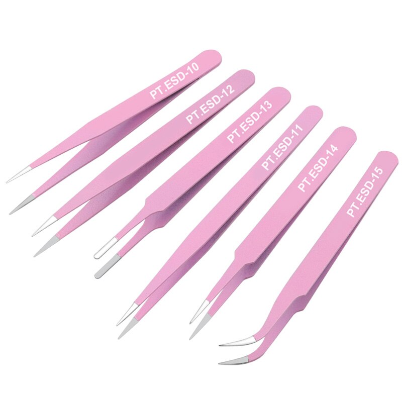 6pcs Anti-static ESD Stainless Steel Tweezers Maintenance Tools Industrial Precision Curved Straight Tweezers Repair Tools