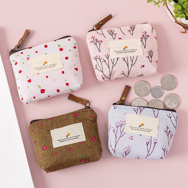 Coin Purse Canvas Wallet Key Card USB Cable Bag Mini Cute Floral Printing Simplicity Coin Holder Girls Women Durable Coin Wallet