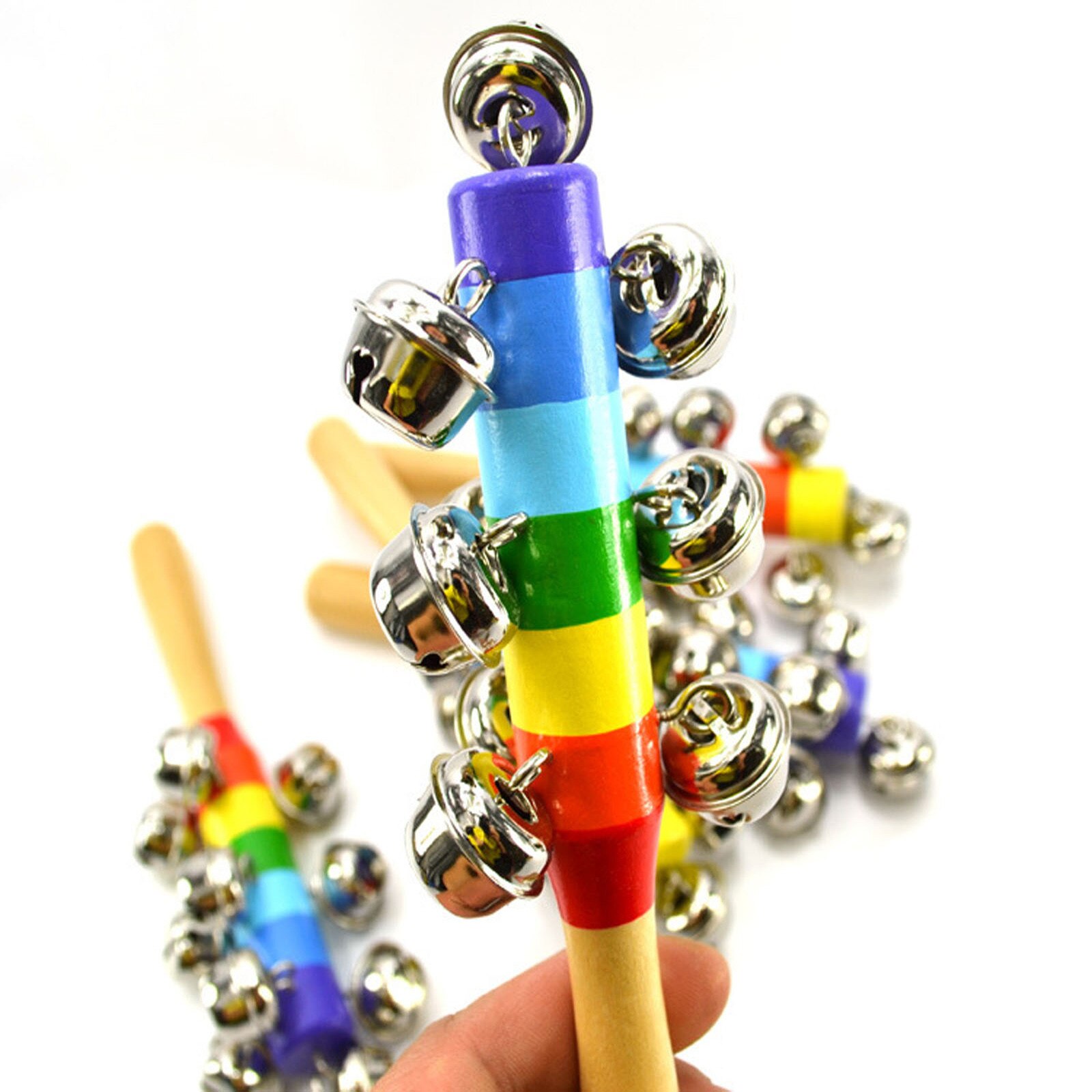 2/4/5Pcs Baby Wooden Rattle Rainbow Color Hand Bell Baby Rattles Jingle Bells Infant Shaker Rattle Early Educational Toy