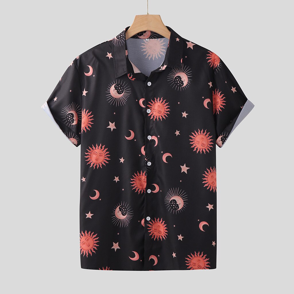 Summer Men Shirts Harajuku Style Casual Sun And Moon Print Shirt Button Down Loose Breathable Beachwear Shirts For Men Male