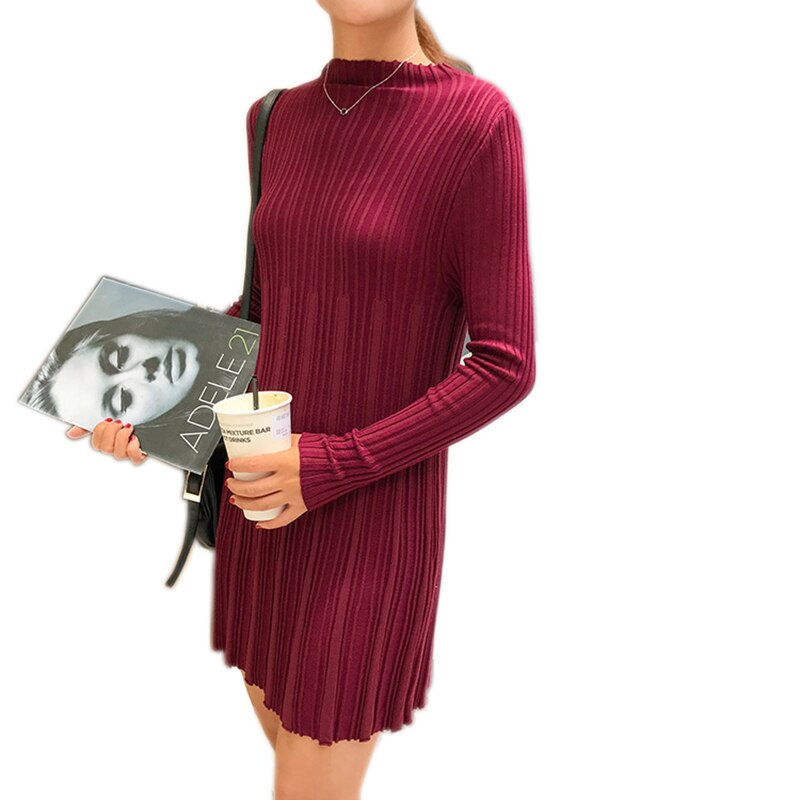 Knit Sweater Dress Women Autumn Winter Solid Stand Collar Long Sleeve Knitted Dress Sweater Vestidos Women Clothing