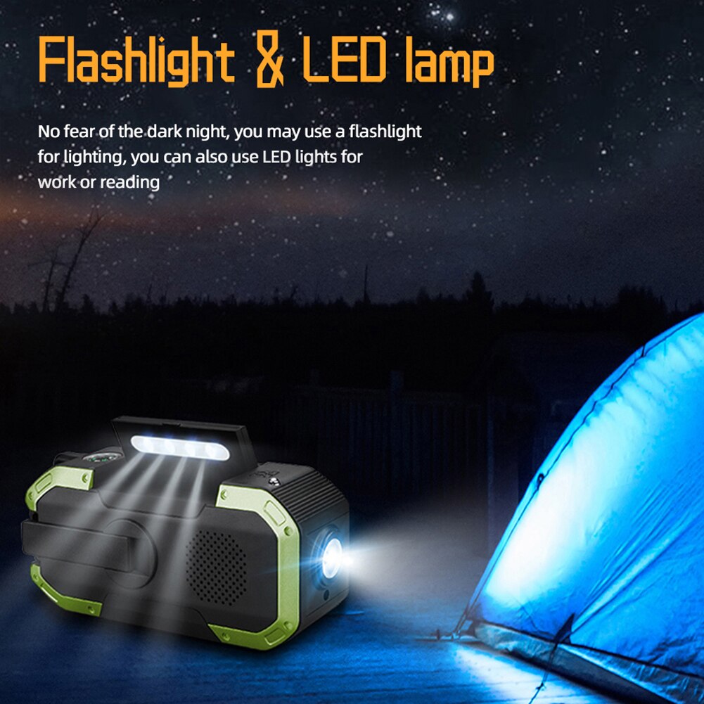 Portable Bluetooth Speaker AM/FM Emergency Radio Hand Crank Solar Radio LED Flashlight 5000mAh Power Bank USB Cell Phone Charger