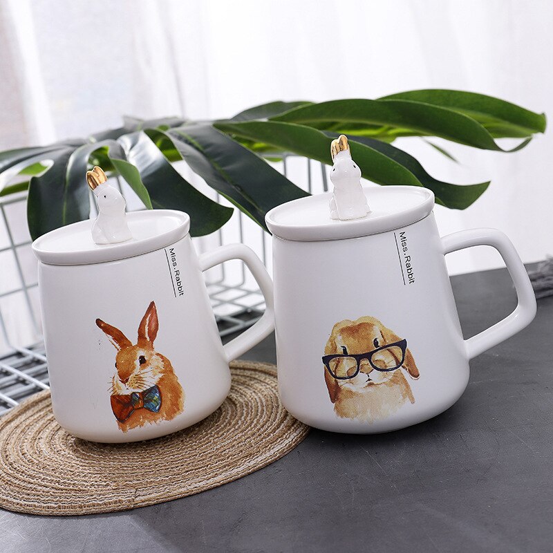 450ml cartoon konijnen keramische mok met deksel lepel handbeschilderde koffiemok melkbeker voor student jongen meisje