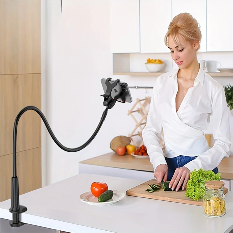 138cm Cell Phone Clip on Stand Holder with Grip Flexible Long Arm Gooseneck Lazy Bracket Mount Clamp for IPhone 15 Pro Max