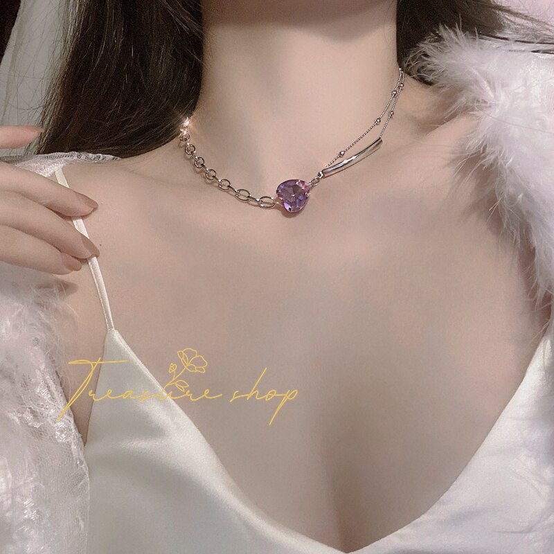 HUANZHI Neue Lila Liebe Strass Schlüsselbein Kette Asymmetrie mehrschichtig Metall Kurze Kette Halskette Für Frauen Schmuck