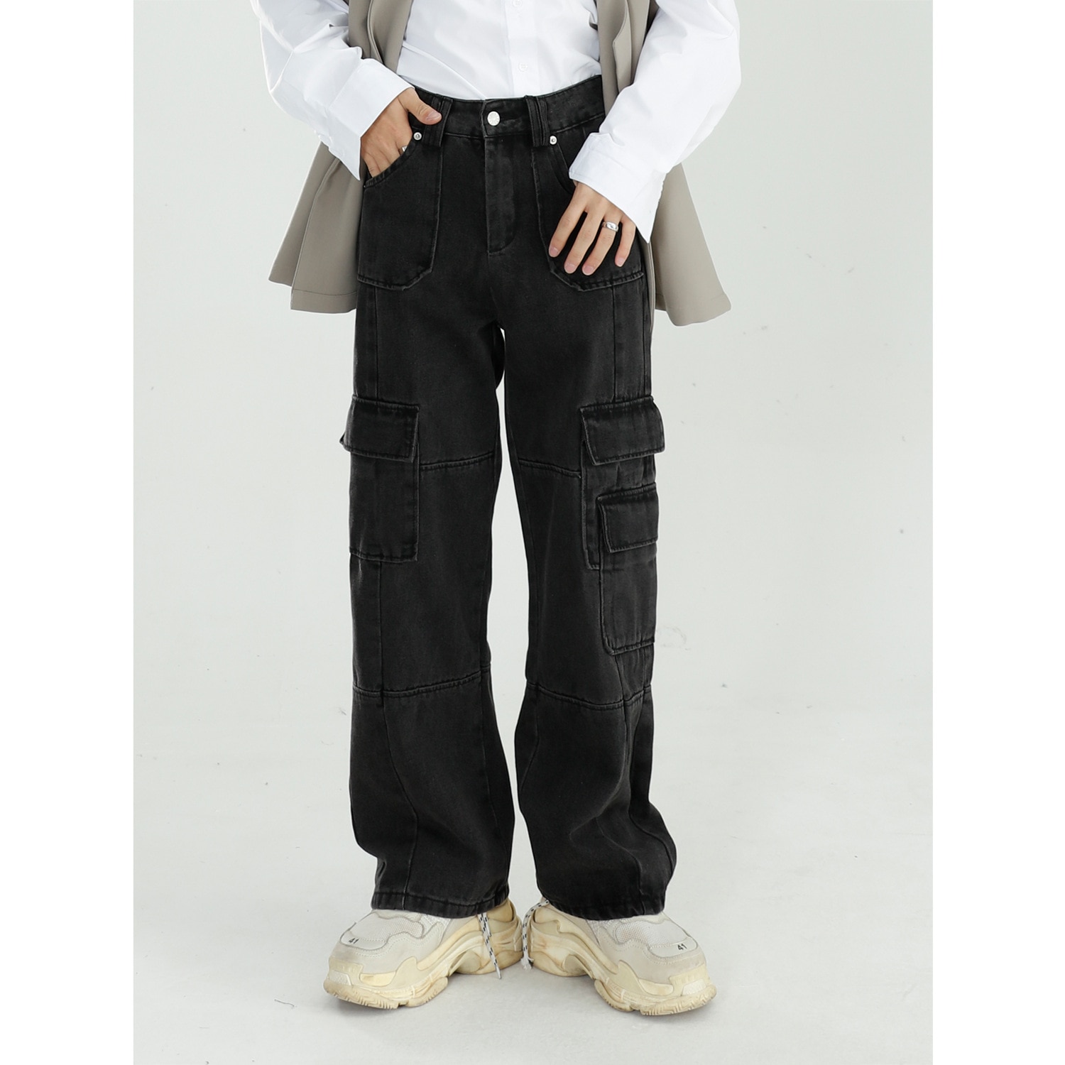 Sort tøj mænd 2022 efterår vintage jeans vaskede løst brede ben bukser straight cargo bukser baggy jeans denim jeans streetwear