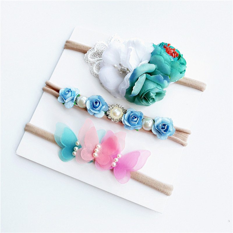 3 teile/satz Mix Stil Simulierte-perle Band Spitze Blume Stirnband Baby Mädchen Stirnbänder Elastische Haarband Kinder Haar Zubehör: Blau