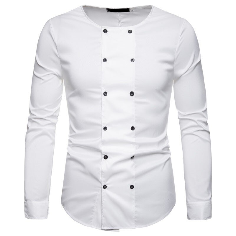 Herre ensfarvet skjorte herre langærmede slim fit casual skjorter herre dobbeltradet business skjorte toppe 2xl: Hvid / L