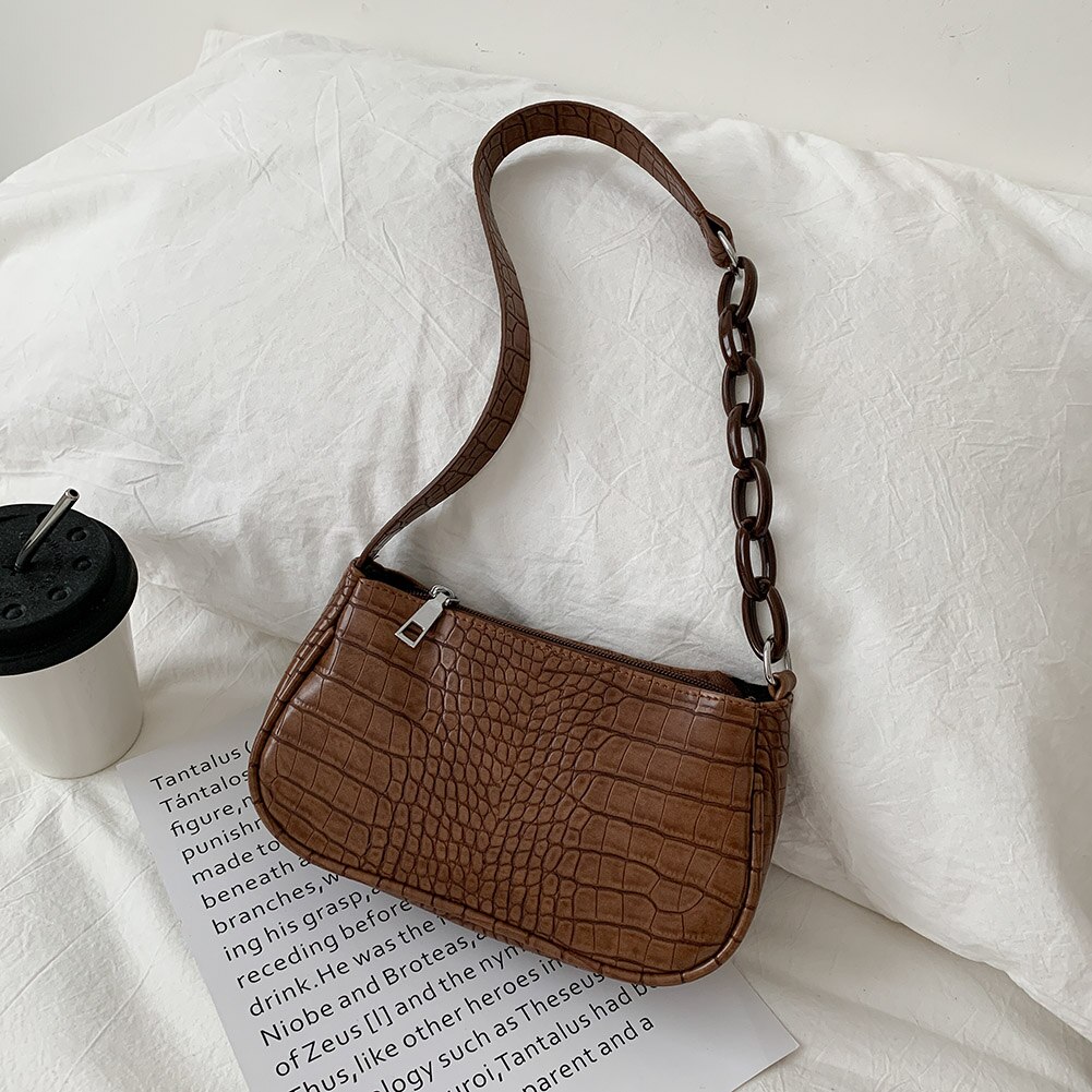 Sac à main Baguette motif Crocodile pour femmes, sac à épaule couleur bonbon avec chaîne, petits sacs sous les bras en cuir à la ,: Dark Brown