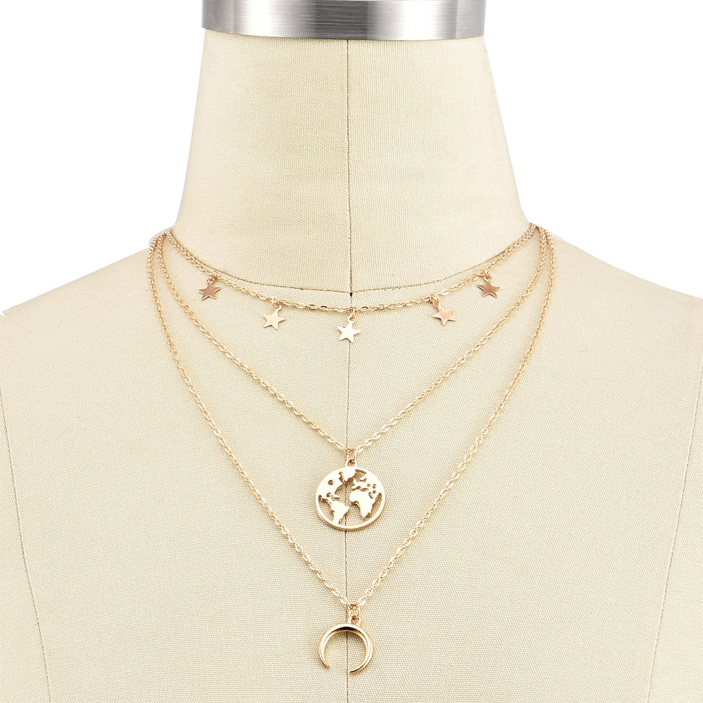 Vintage Ster Kaart Maan Ketting Voor Vrouwen Mode Goud Kleur Ketting Meerdere Lagen Hanger Lange Kettingen Boho Sieraden