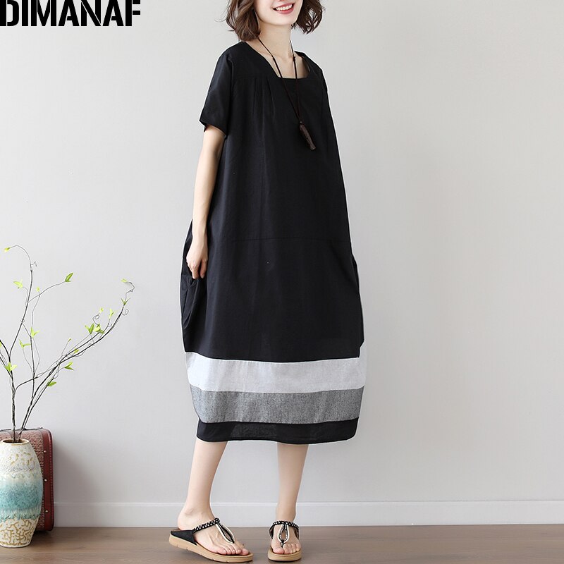 Dimanaf vestido plus size roupas femininas verão vestido de verão do vintage elegante feminino vestidos elegante senhora vestido solto linho preto