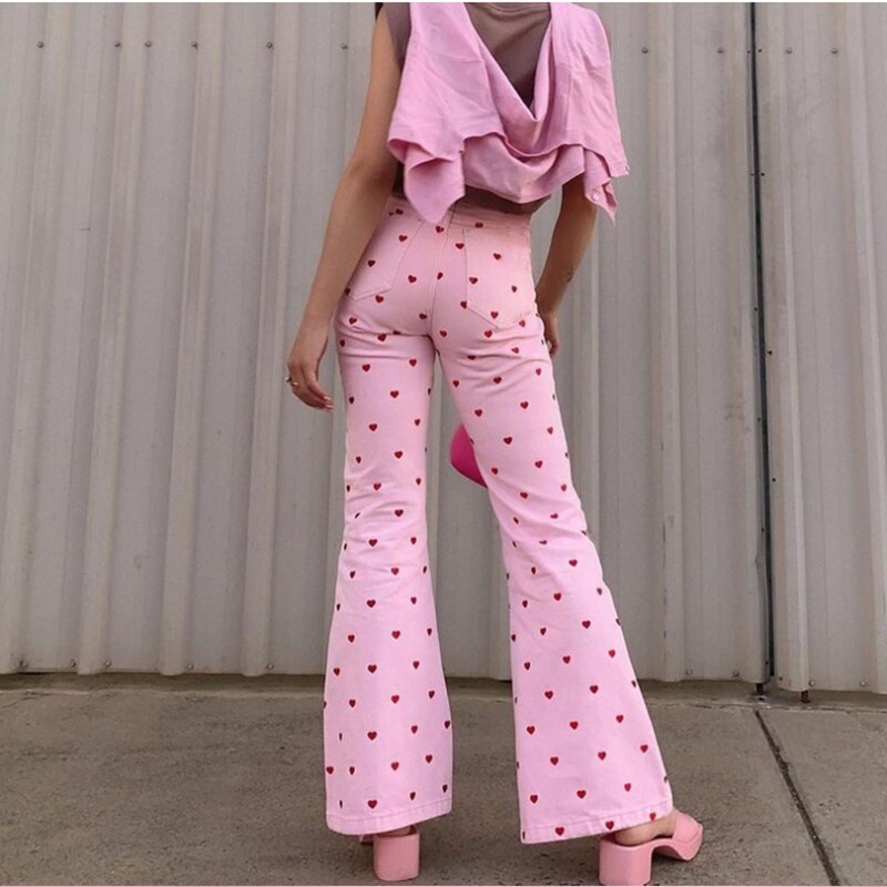 Mode Vrouwen Roze Straight Broek Zoete Leuke Hoge Taille Hart Print Slim Fit Flare Broek Casual Sexy Broek