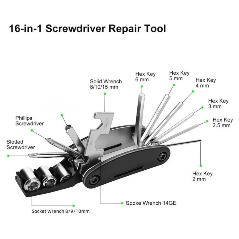 16 in 1 Multifunctional Folding Repair Tools Kit Portable Wrench Nut Tire Screwdriver Set for Car Bike Motorcycle Maintenance