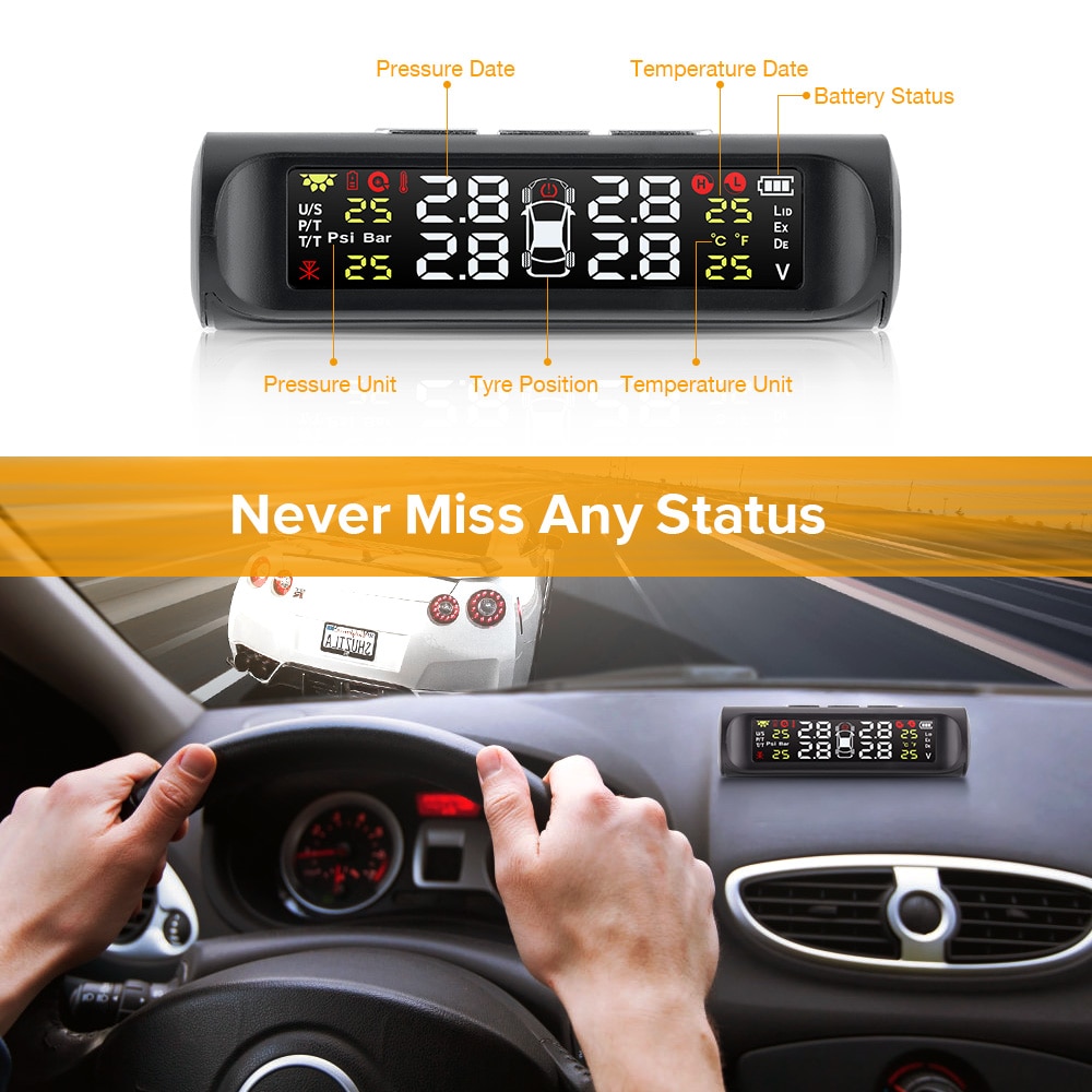 Smart Solar Car TPMS System Tire Pressure Monitoring System Solar Power charging Digital LCD Display Auto Security Alarm Systems