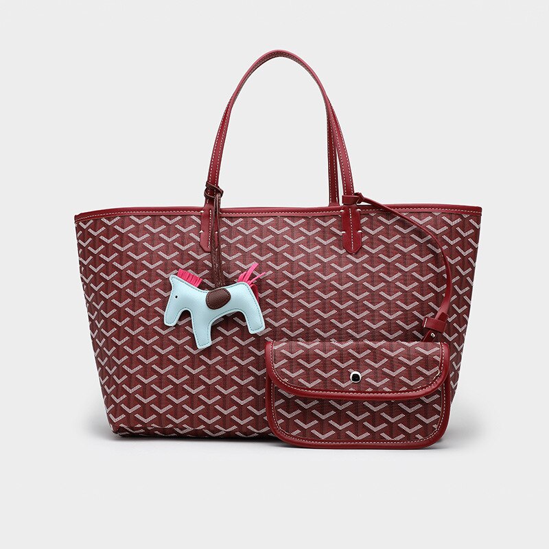 Style Korea Trendy Dog Tooth Tote Bag Size Picture-Mother Bag Waterproof PU Large-Capacity Shopping Bag: Large red