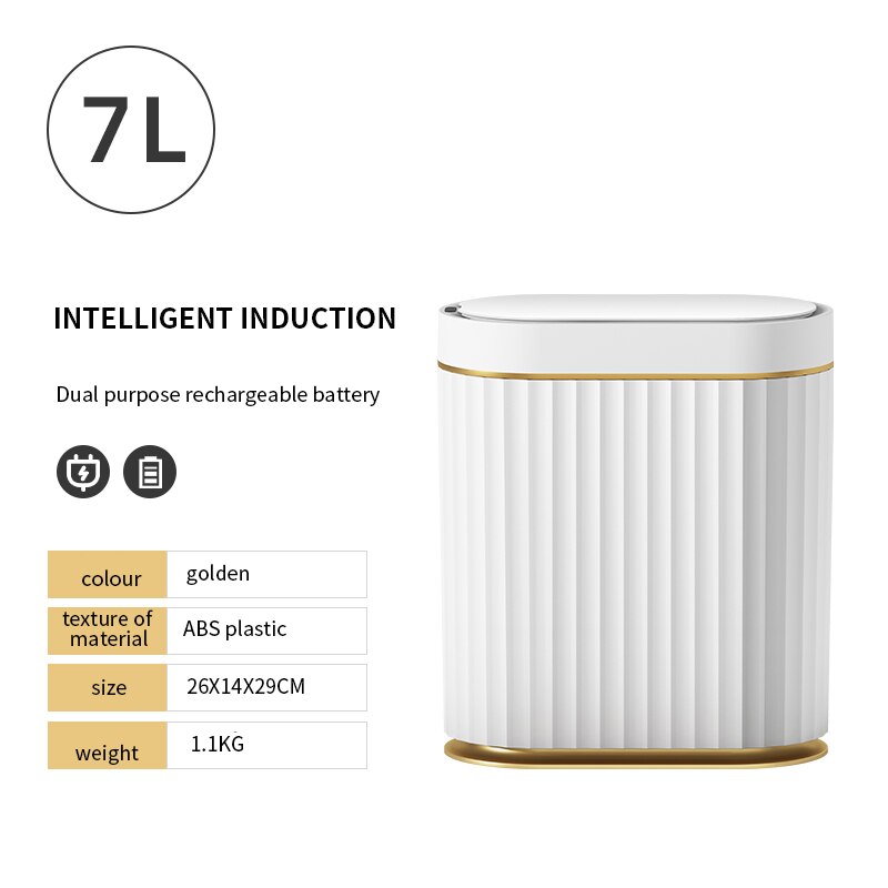 9L/12L/15L Kitchen Smart Trash Can Automatic Induction IPX5 Waterproof Electronic Bathroom Rubbish Bin Toilet Narrow Garbage Can: Charging 7L gold
