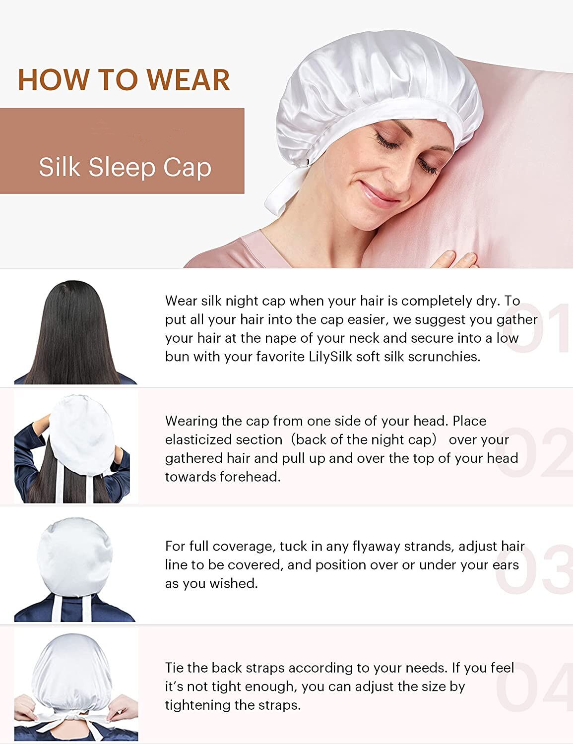 100% Mulberry Silk Night Sleep Cap Sleeping Hat 19 Momme Soft For Women Hair Beauty With Adjustable Elastic Ribbon