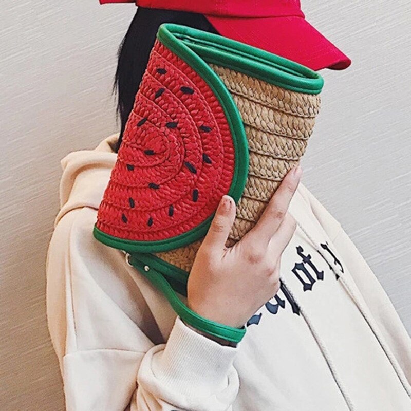 Sommar kvinnlig strandväska kvinnor handgjord halmpåse tecknad fruktstråkopplingsväska