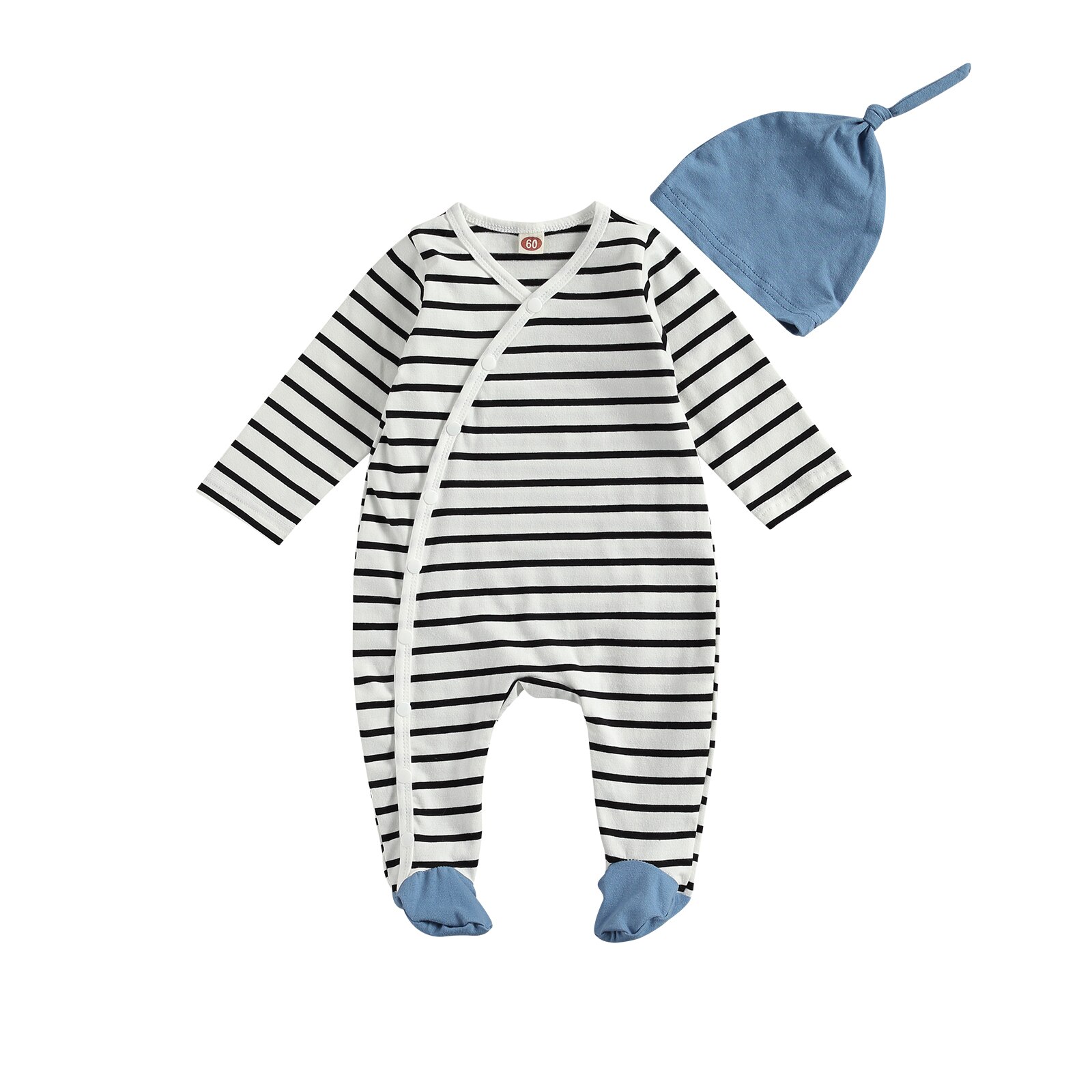 Lente 0-6M Baby Baby Jongen Meisje 2 Stuks Set Dot Print/Gestreepte Single Breasted lange Mouwen Footie + Hoed Pasgeboren Kleding: B / 6m