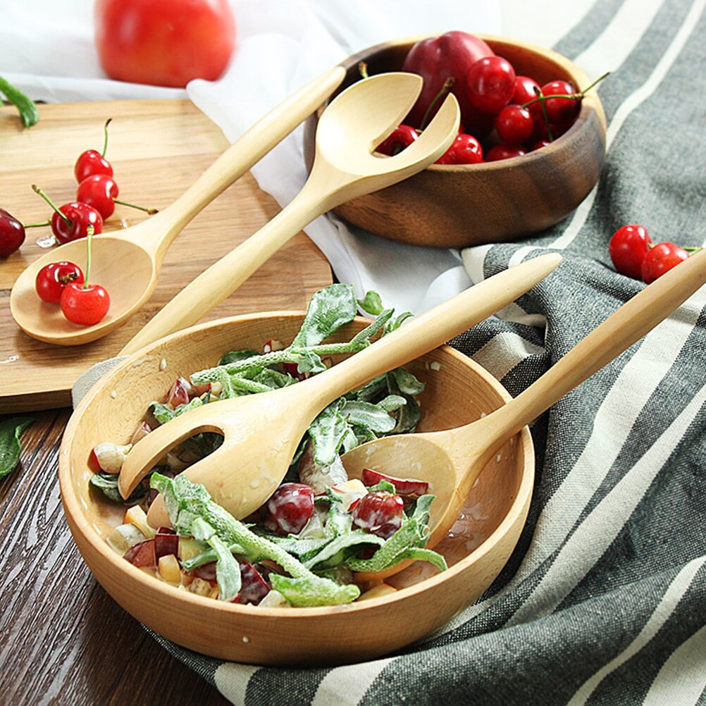 1 Set 2pcs Salad Spoon Round Wood Spoon and Fork Salad Servers Wood Color