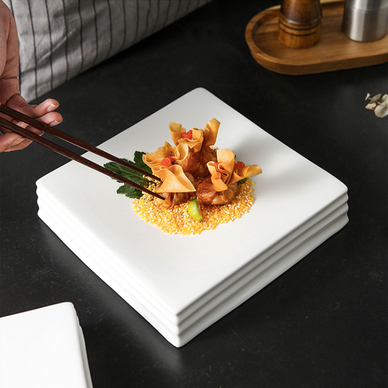 Pure White Square Cake Snack Ceramic Plate Horizontal Stripe Square Column Hotel Steak Plate Restaurant Special Tableware Plate