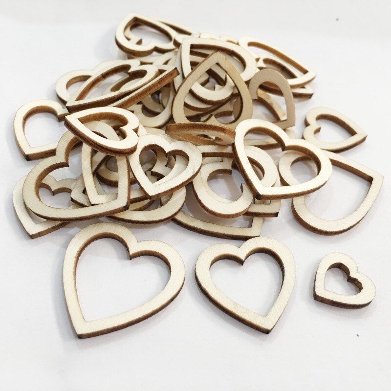 100pcs 10-30mm hollow love heart wood DIY wood chips DIY wedding for scrapbook handmade diy crafts wood carving home decorations