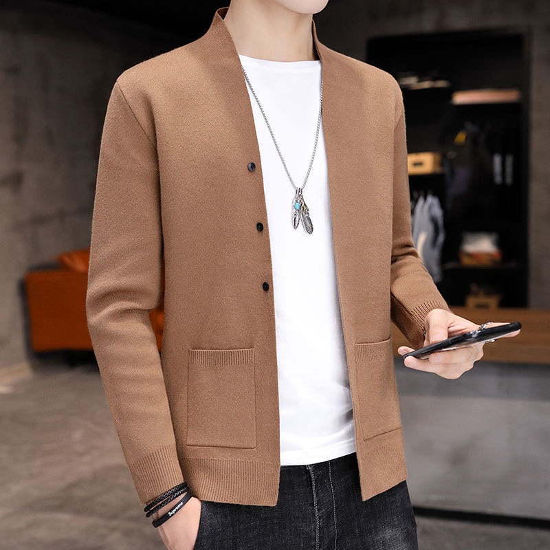 Smart stativ krave strikket cardigan herre langærmet lille knaplomme cardigan top herre efterår vinter sweater blød cardigan herre