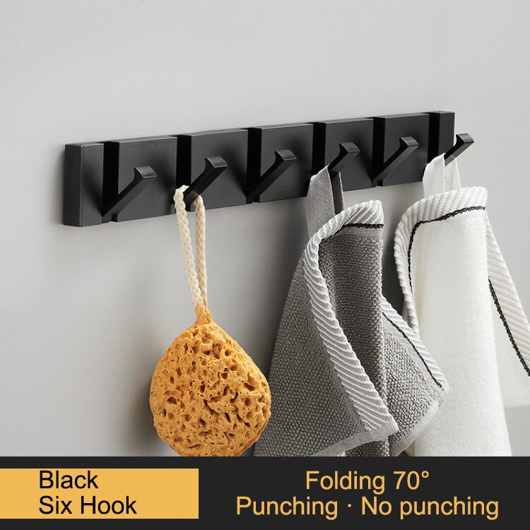 Porte-serviettes pliant Non marquant, sans poinçon, crochets muraux, porte-vêtements, pour salle de bains, cuisine, chambre à coucher, couloir: All Black 6 Hook 70