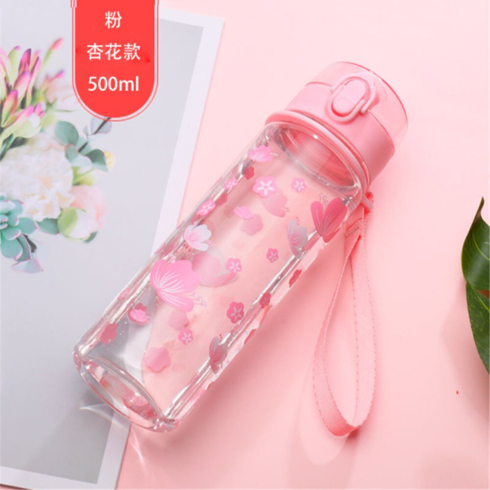 Summer 500ml Water Bottle Flower Portable Leak-proof Pink Bule Outdoor Bicycle Sports Drinking Cup Plastic for Girls: Pink 2