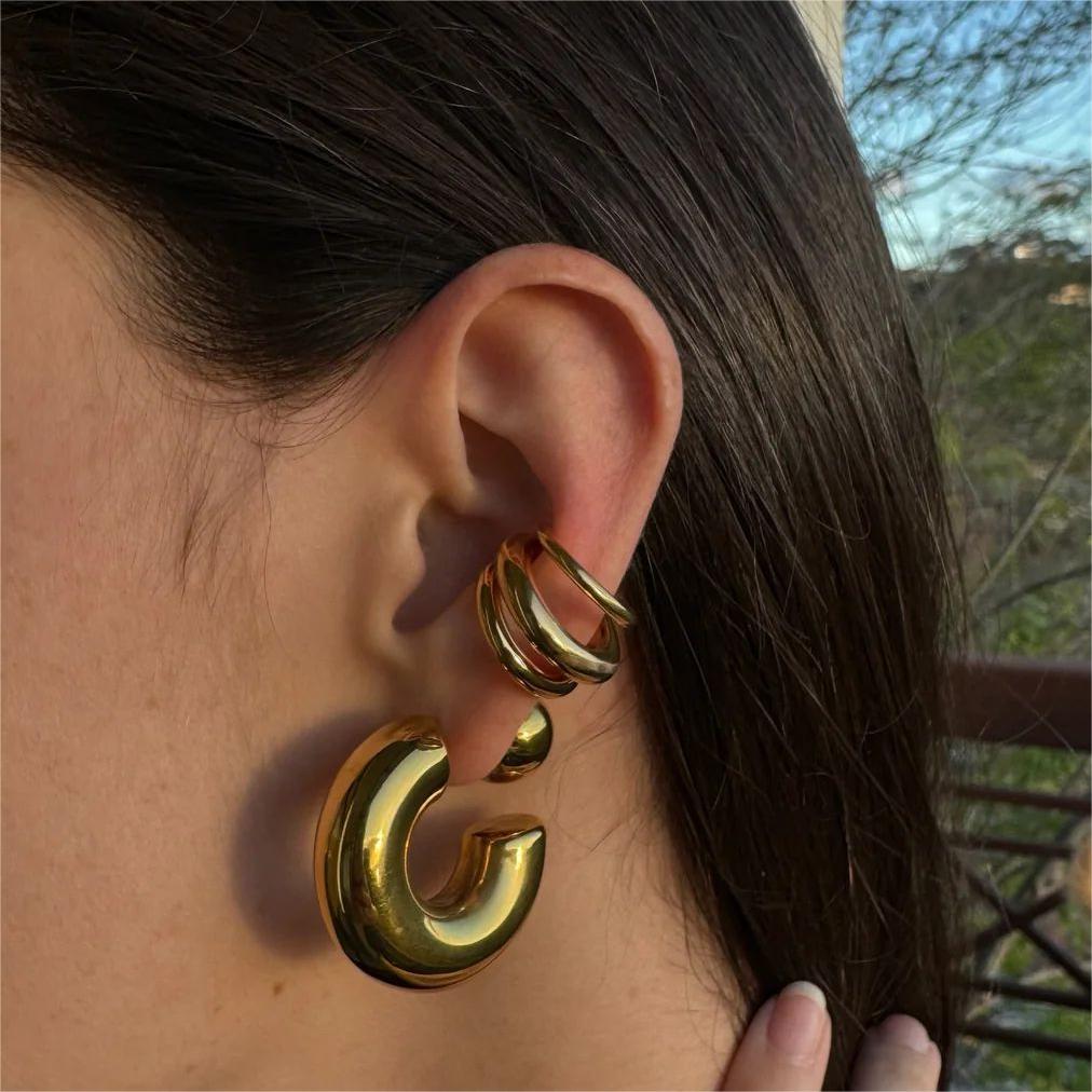 18K Gold Color Stainless Steel Multilayer Ear Clip Waterproof Metal Unique Trendy Women