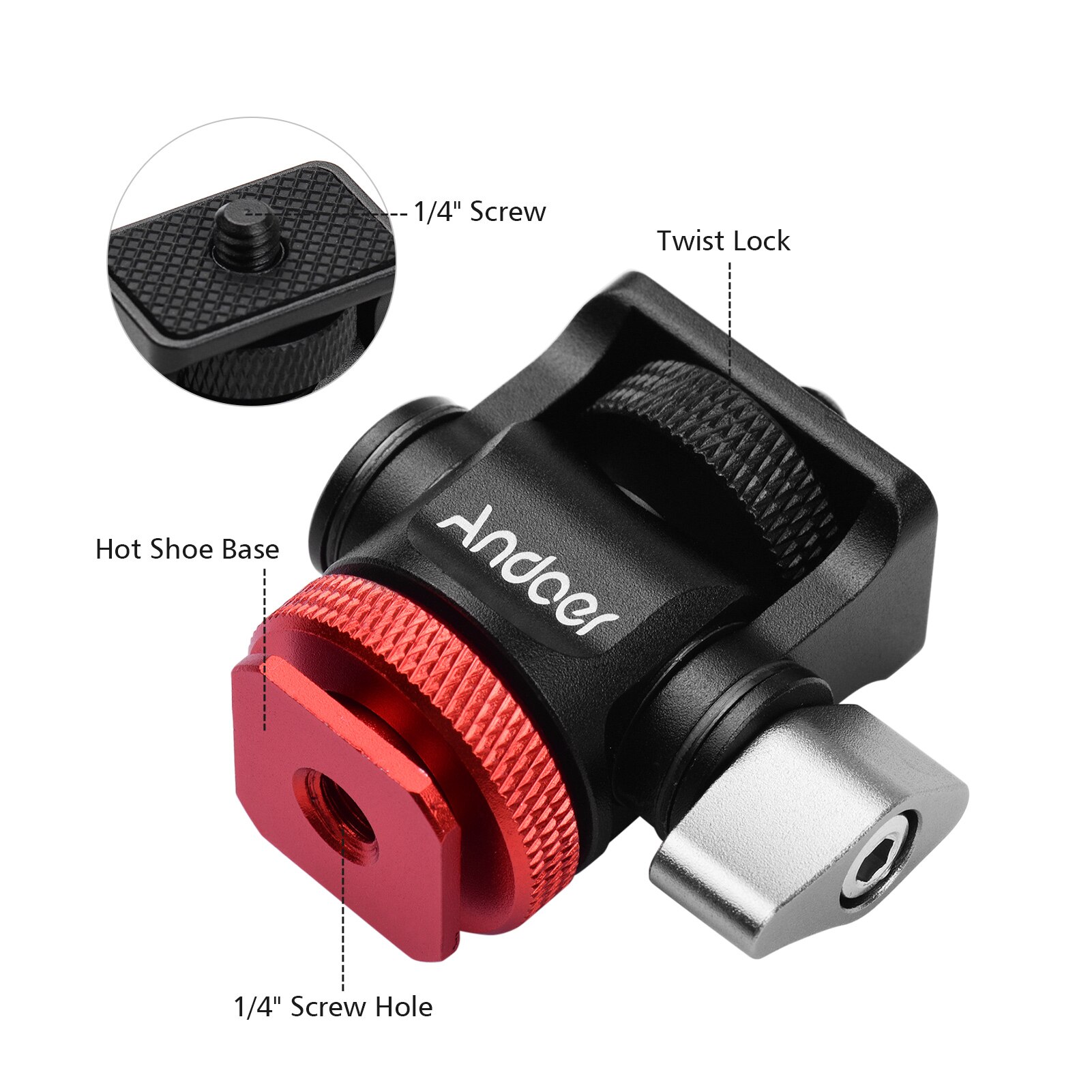 Andoer Mini Monitor Mount Tripod Head Cold Shoe Adapter 1/4 Inch Screw for Mounting Camera Monitor Flash Mic LED Fill Light