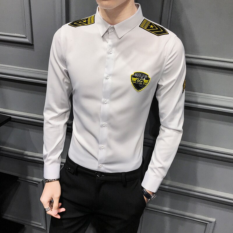 Plus size army herre skjorte afslappet ung mand langærmet skjorte herre stewardesser mand bluse homme streetwear/natklub/fest