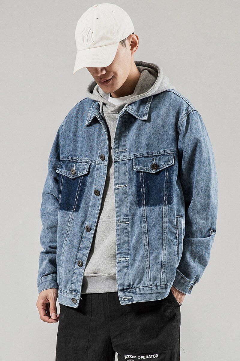 Streetwear tie-dye pocket solid color wild trend four seasons denim casual washed denim jacket men's jeans jacket coat