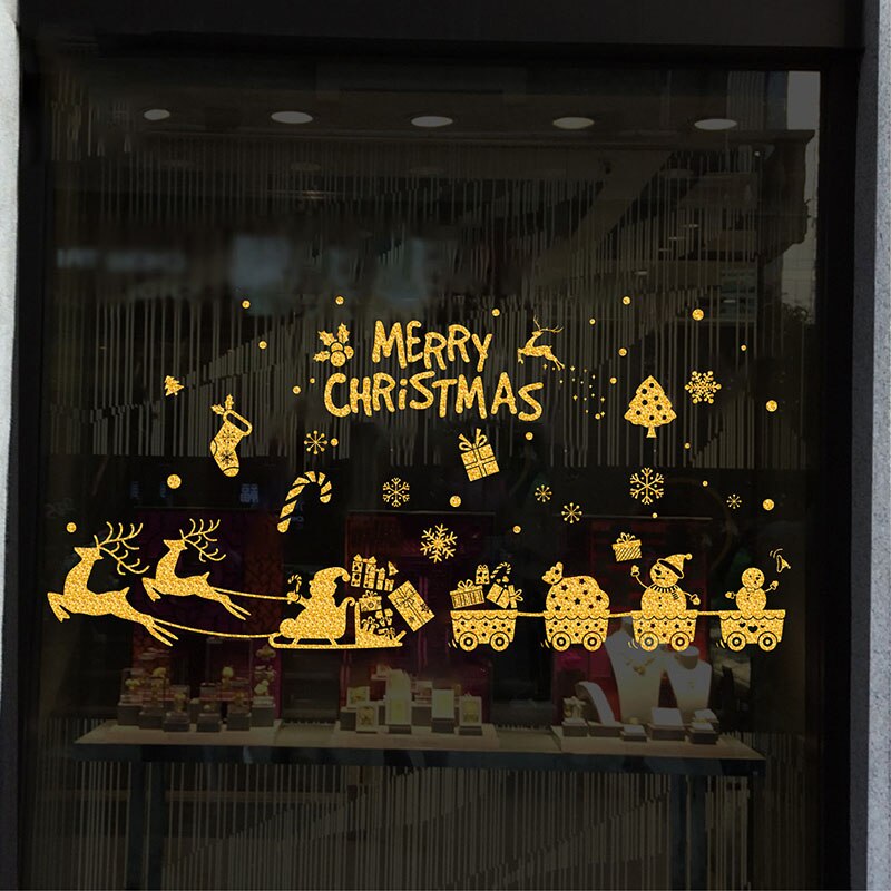 Merry Christmas Gold Garland Stickers Shining Tree Window Sticker Xmas Wall Decals Year Showcase PVC Wall Paper Home Decor
