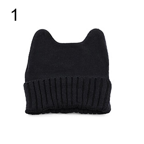 Vrouwen Girl Warm Winter Cat Ear Shape Gebreide Zachte Leuke Hoed Elastische Beanie Cap: Black