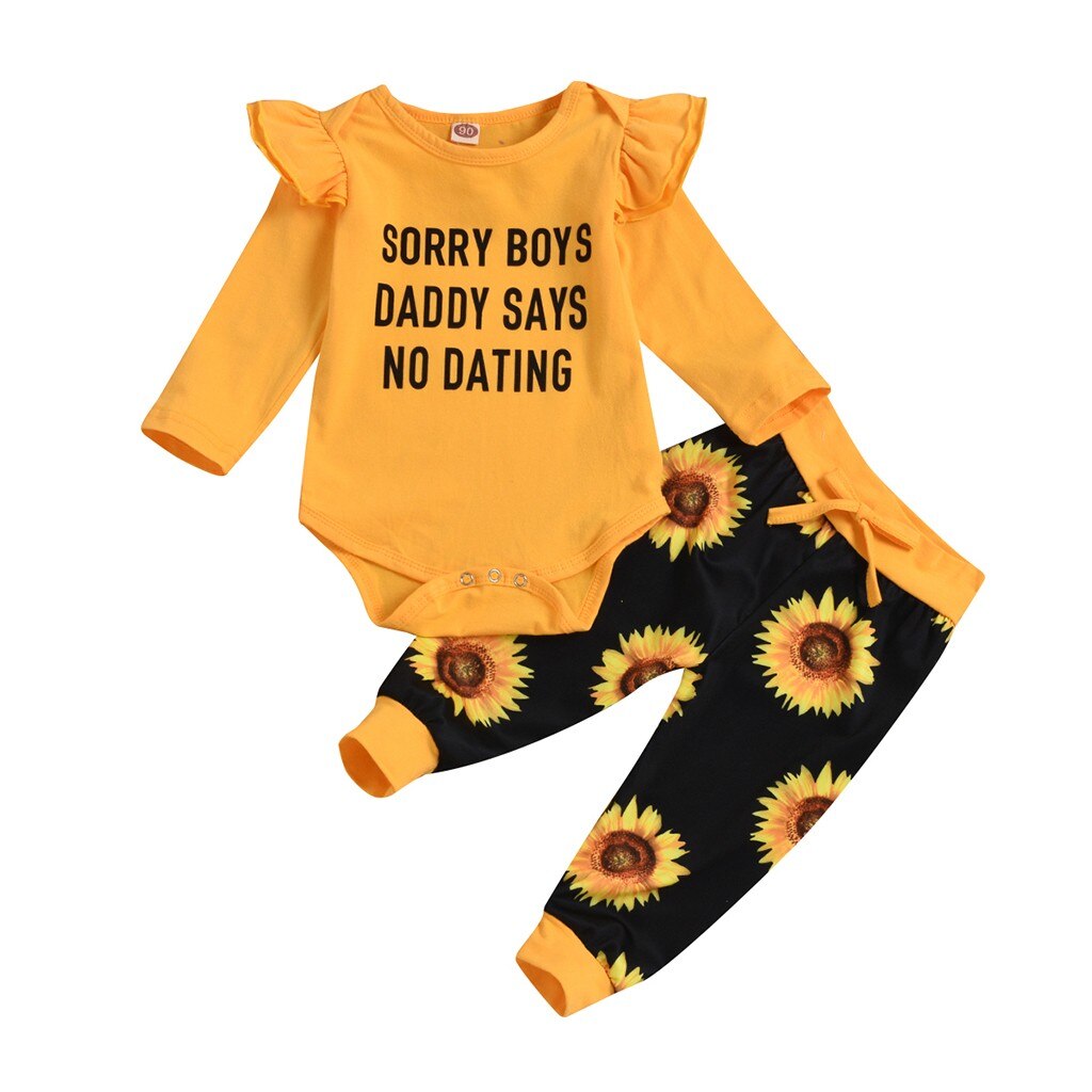 Vestiti del bambino della ragazza Manica Lunga Lettera mi dispiace ragazzi Pagliaccetto Stampato + Girasole Pants + Headband 0-24M ragazze vestiti Vetement Fille: Black / 24M