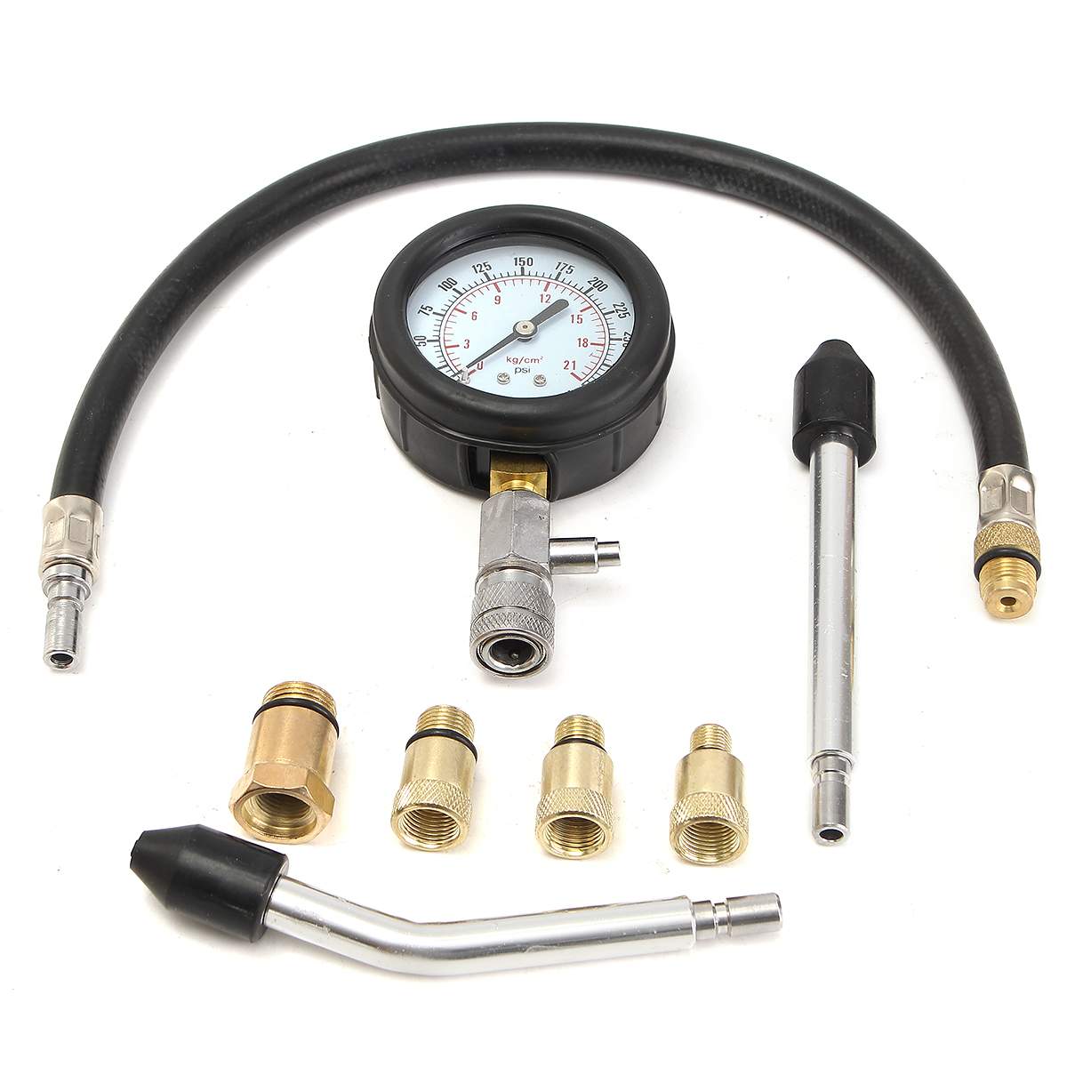 0-300 PSI Petrol Engine Pressure Gauge Tester Kit Set Compression Leakage Diagnostic Tool with 14mm and 18mm spark plug adapters