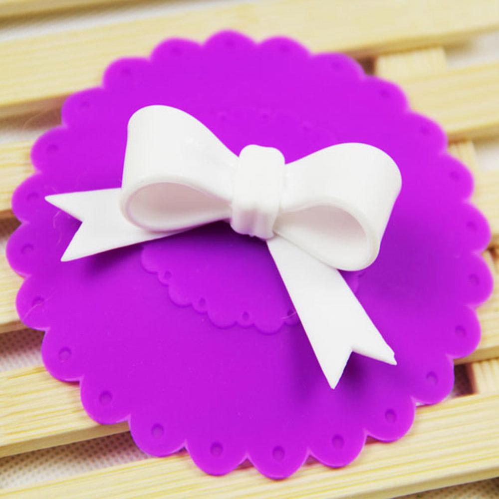 10.5cm Cute Anti-dust Silicone Glass Cup Cover Coffee Mug Suction Seal Lid Cap Silicone Lovely Bowknot Cup Cover: Purple