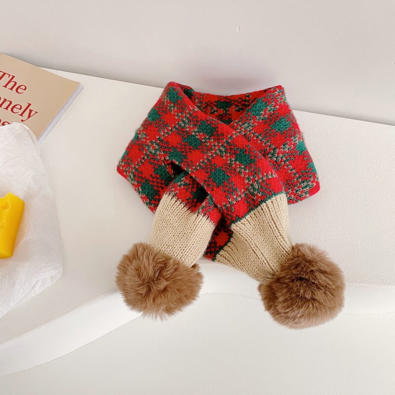 Mode Stiksels Plaid Kinderen Pompom Cross Sjaal Herfst En Winter Jongens En Meisjes Baby Warm Gebreide Sjaals: dahonglvmi
