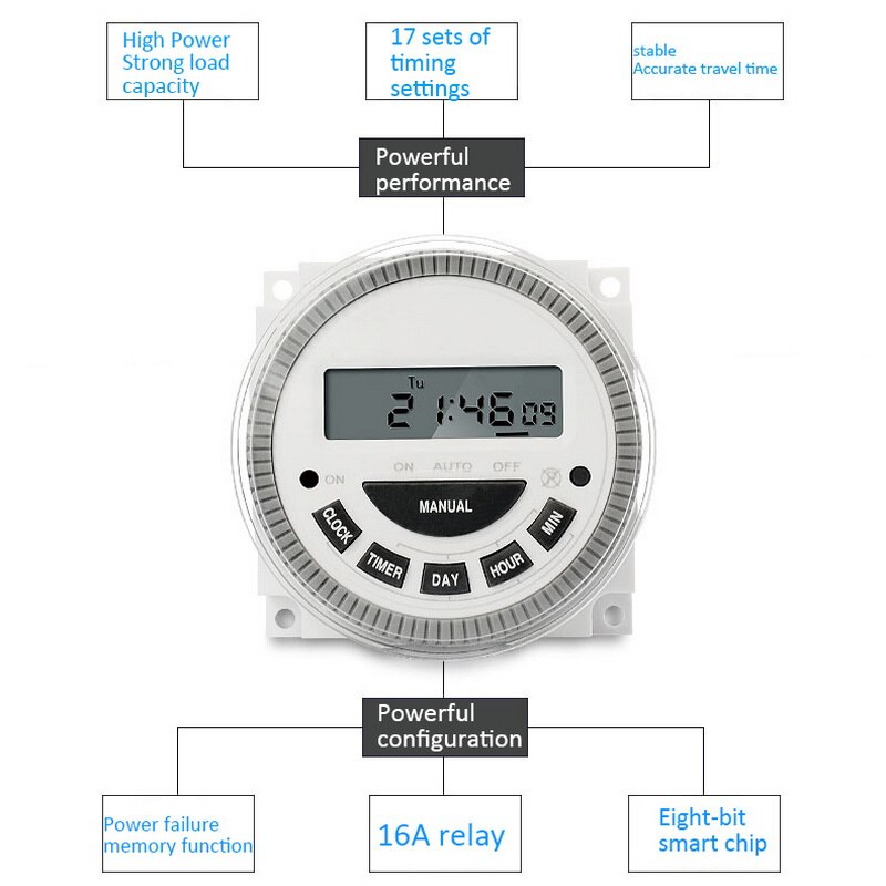 Digital lcd 110v 220v 10a 16a 30a programmerbar timer växlar 16 repetitionsprogram 7 dagar timme minut kontroll timer