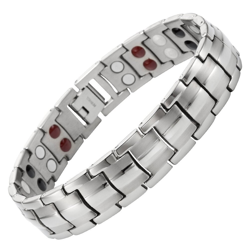 FINE4U B389 Mens Titanium Magnetic Bracelets Arthritis Relief Pain Health Double Row 4 Elements Strong Magnets: Steel1