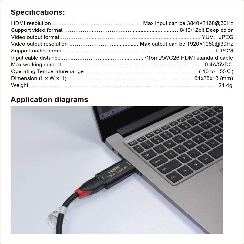 Audio Video Capture Card HDMI to USB 1080p USB2.0 Record via DSLR Camcorder Action Cam for High Definition Acquisition Smart