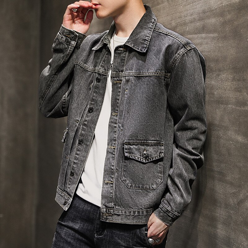 Spring autumn gray denim jacket men\'s trendy brand street jacket handsome Korean style teenagers denim jacket